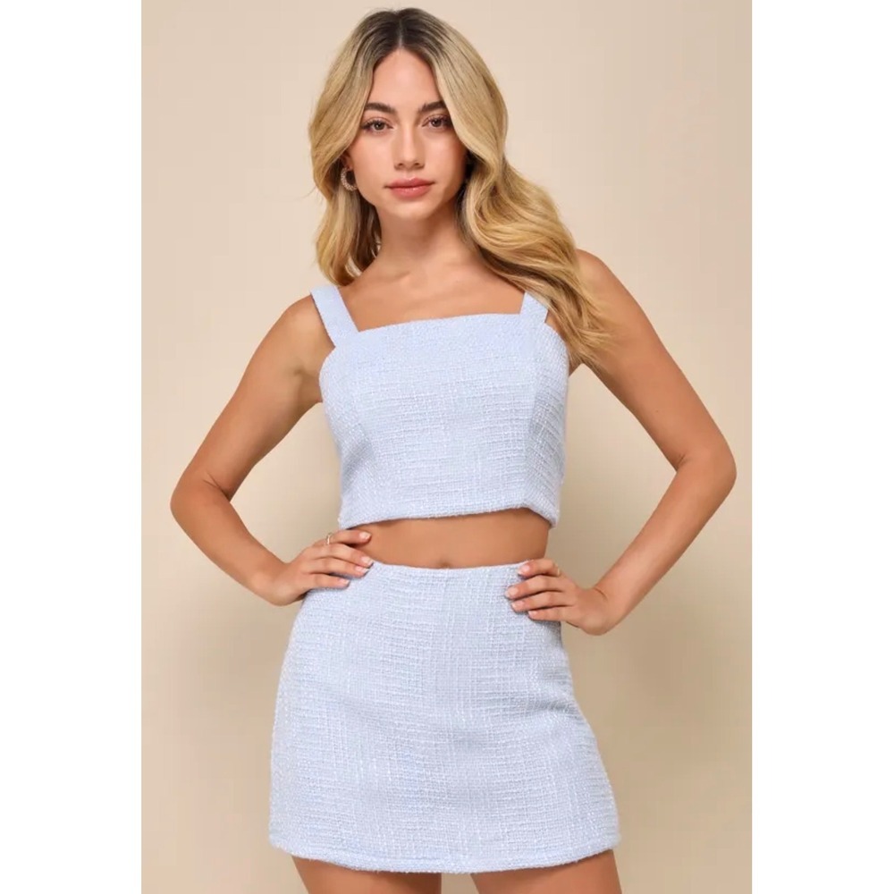 Lulus Elevated Attitude‎ Blue Tweed Two Piece Crop Top and Skort Set XL NWT Flaw